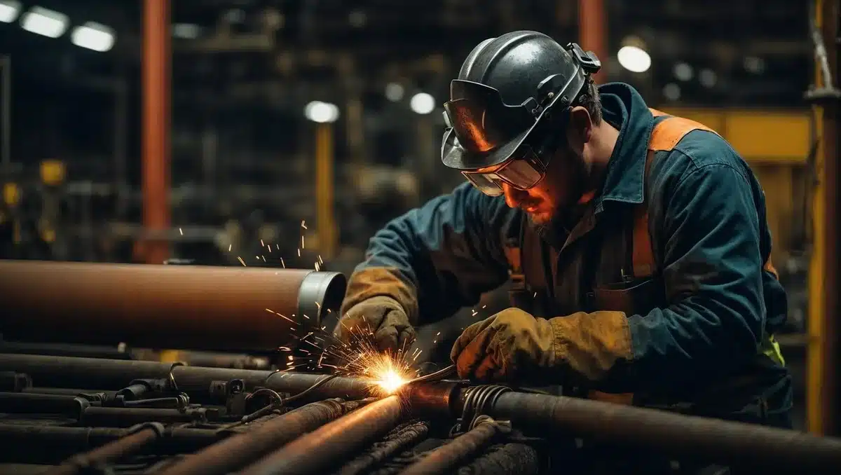 Officina orafa con operai al lavoro e attrezzi, simbolo di industria sotto pressione