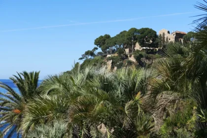 Terrazza di villa sul mare con auto lungo il viale d'ingresso, scena anonima